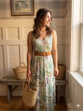 Printfresh Camel White‎ Maxi Dress with Green and Pink Botanical Print XS